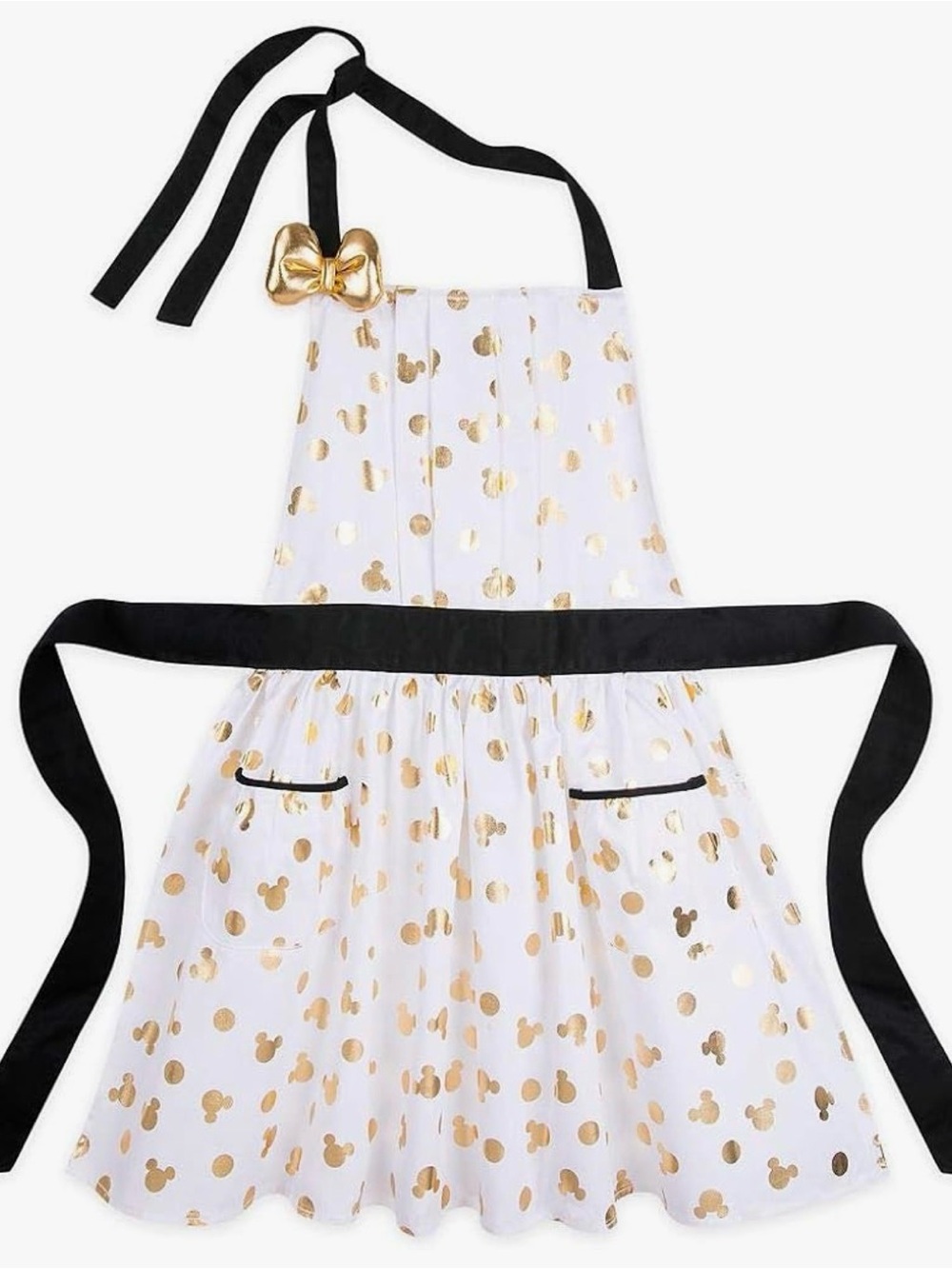 Disney Eats Minnie Mouse Apron Gold Metallic Polka Dot Padded Bow NWOT